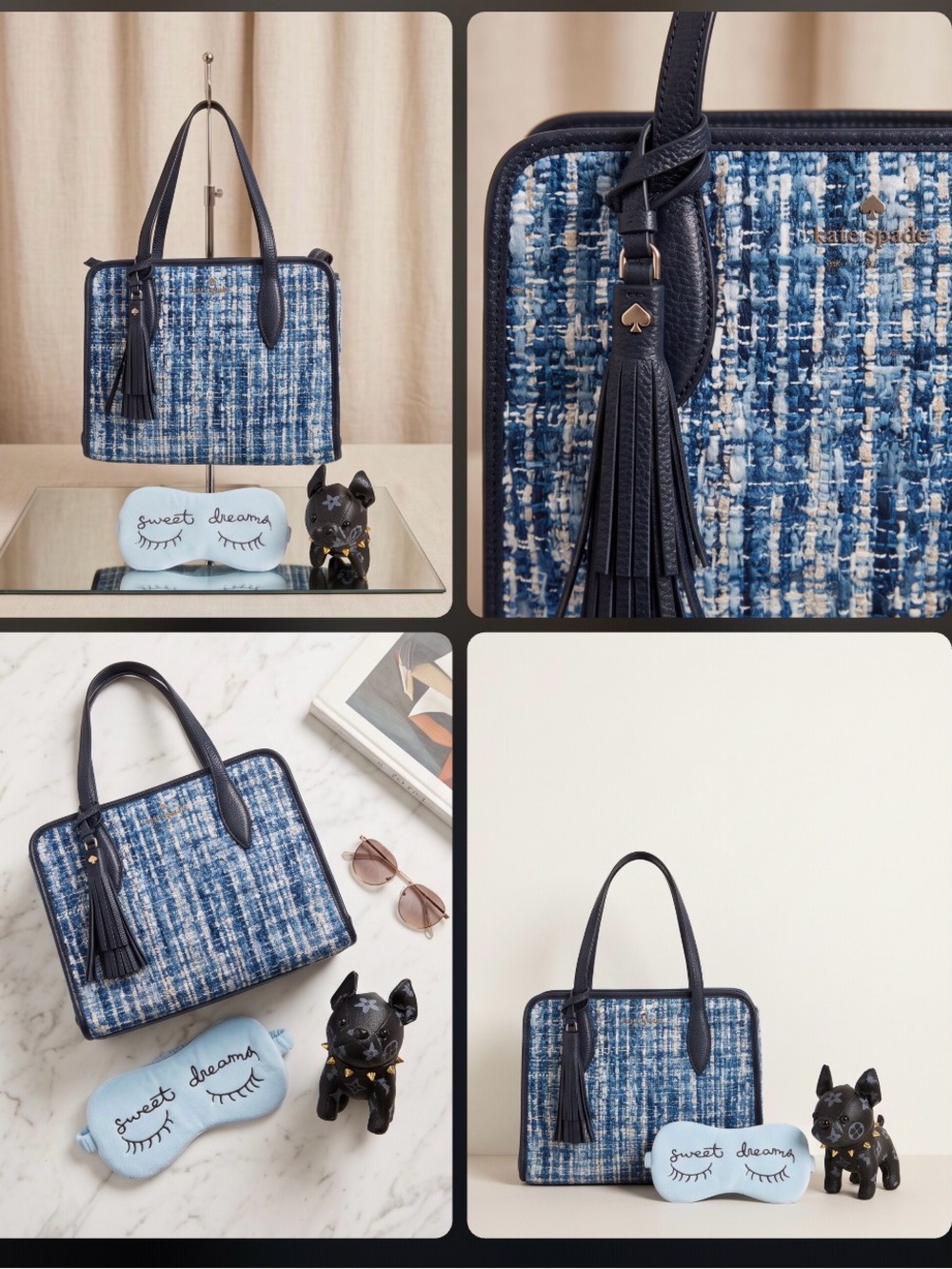 kate spade Blue & White Tweed Tote with Navy Trim excellent condition